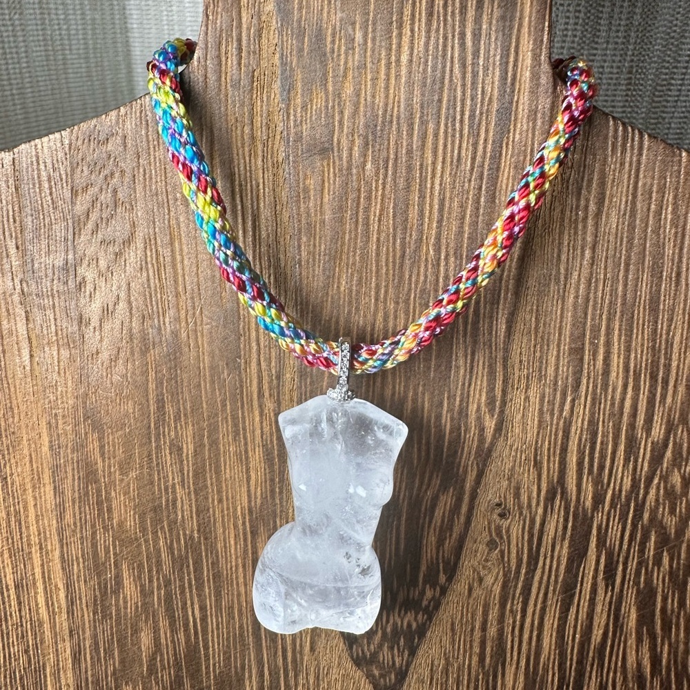 Clear Quartz Lady Body Carving Pendant Necklace on Multicolor Rope, Silver Bail - Picture 10 of 14